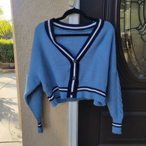 Blue Striped Cropped Cardigan